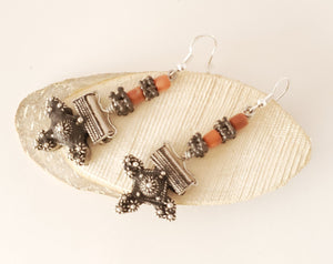 Antique Moroccan Old Berber cross Silver coral Earrings ,Ethnic Tribal,sliver Earrings,Dangle & Drop Earrings,Tribal Jewelry,