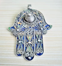 Load image into Gallery viewer, Moroccan Huge Enamel Silver Hand of Fatima Hamsa Pendant Amulet,Berber Jewelry, Enamel Jewelry,Moroccan Jewelry,Hand of Fatima Charm,
