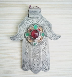Moroccan Old Silver & Enamel Hand of Fatima Hamsa Pendant Amulet,Berber Jewelry,African Jewelry,Moroccan Jewelry,Hand of Fatima Charm,