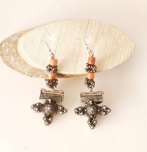 Antique Moroccan Old Berber cross Silver coral Earrings ,Ethnic Tribal,sliver Earrings,Dangle & Drop Earrings,Tribal Jewelry,