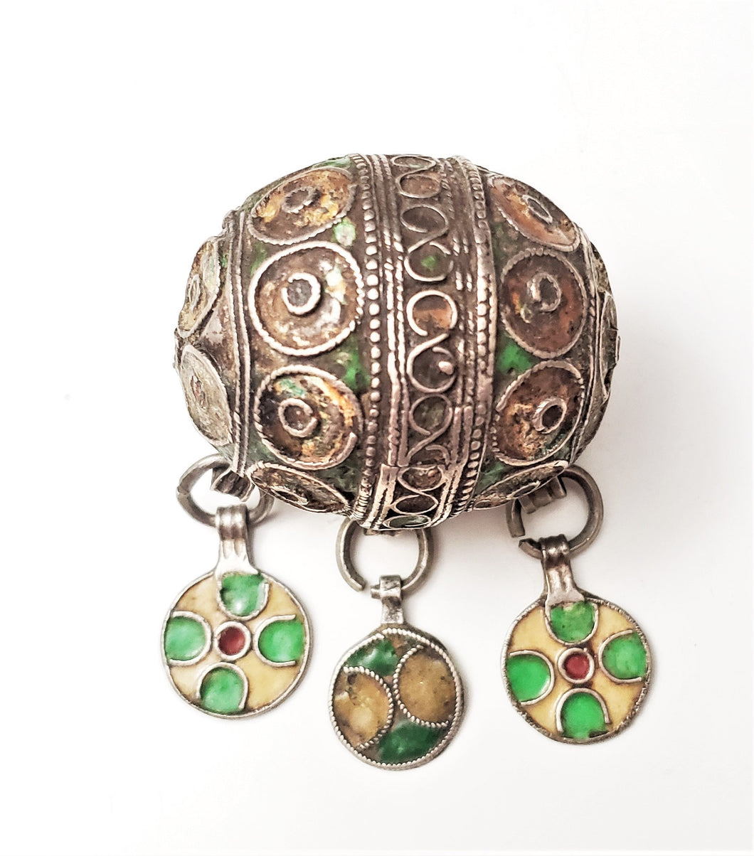 Antique Moroccan Enameled Silver Ball Pendent with Enameled/PendantHand Crafted Silver,Pendants Necklace,Ethnic Jewelry,Tribal Jewelry
