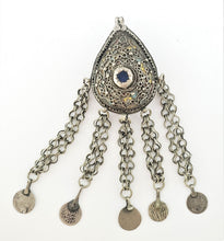 Load image into Gallery viewer, Antique Moroccan Silver enamel Berber Teardrop Pendant with dangle coins, Berber Amulet,Berber Jewelry,African Jewelry,Charm Pendant,
