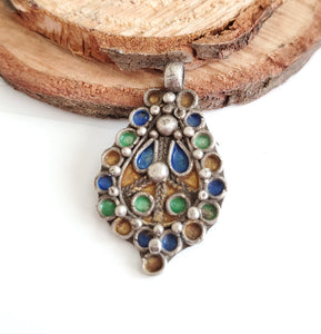 Old Berber Charm Silver enamel Pendant 925 silver ,Moroccan Amulet ,Berber Jewelry, enamel Jewelry,Charm Pendant