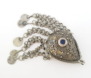 Antique Moroccan Silver enamel Berber Teardrop Pendant with dangle coins, Berber Amulet,Berber Jewelry,African Jewelry,Charm Pendant,