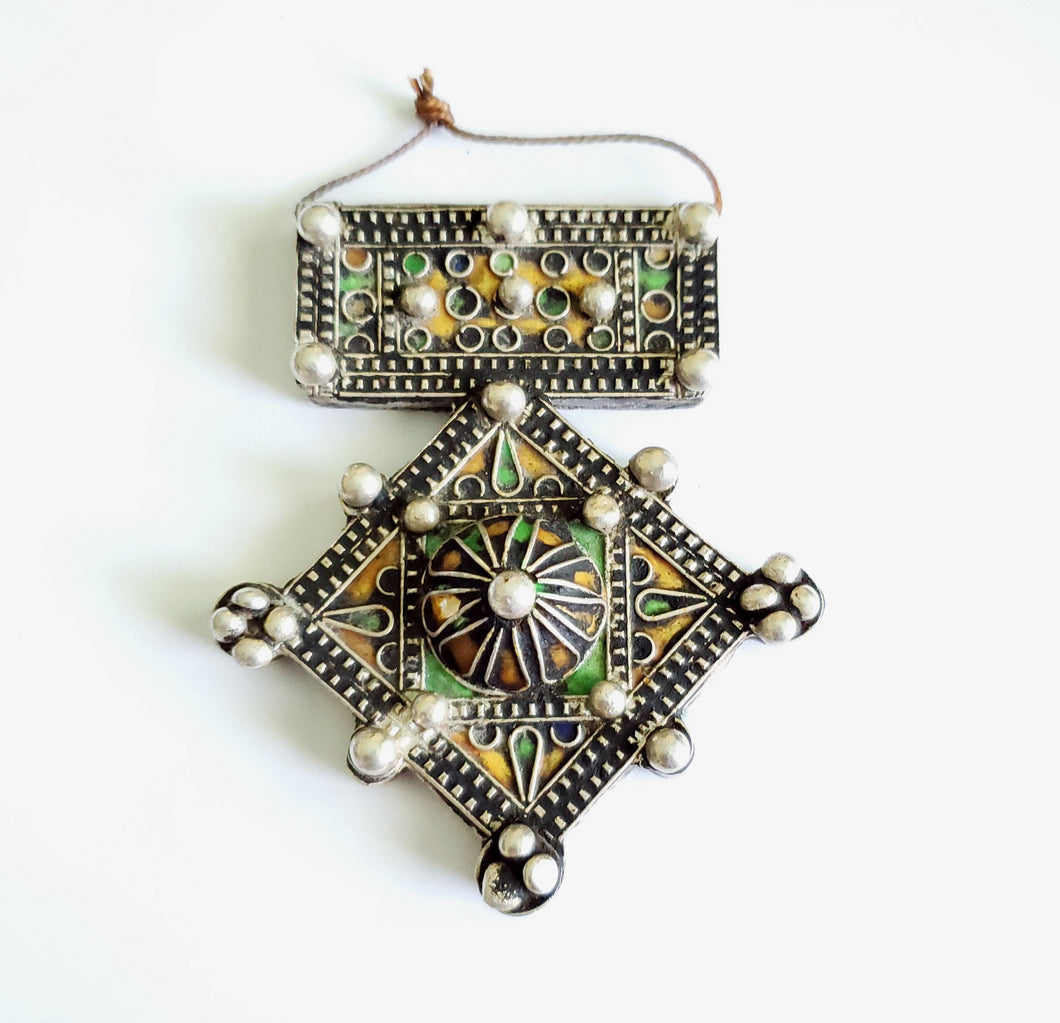Moroccan Huge Old Enamel Silver Cross Pendant ,silver 925,Moroccan Amulet ,Cross Jewelry,Enamel Jewelry,Berber Pendant,