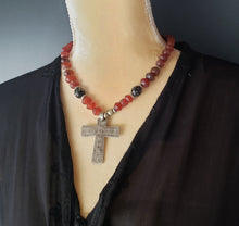 Load image into Gallery viewer, Ethiopian Antique Cornelian Black Coral beads Coptic Christian Cross Necklace ,Hand Crafted,Ethiopian Cross,Silver Cross,Cornelian Necklace

