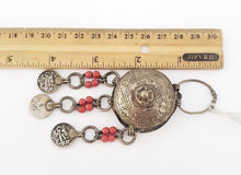 Load image into Gallery viewer, antique Moroccan silver chased circular talisman box three pendants, Berber Amulet,Berber Jewelry,African Jewelry,Charm Pendant,
