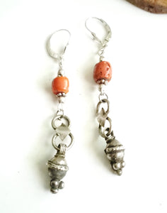 Antique yemen silver Earrings with old coral silver ,dangling Earrings,,Antique silver, yemeni jewelry, Ethiopia silver,Bawsani Earrings
