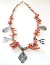Load image into Gallery viewer, Antique Moroccan Berber natural Coral Hand of Fatima Silver Pendants Necklace
