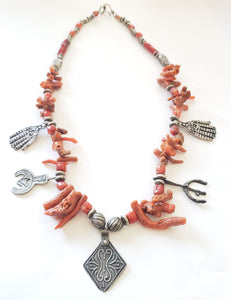 Antique Moroccan Berber natural Coral Hand of Fatima Silver Pendants Necklace