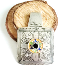 Antique Moroccan Silver Enamel and Glass cabochon Berber Pendant, Berber Amulet,Berber Jewelry,African Jewelry,Charm Pendant,