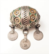 Load image into Gallery viewer, Antique Moroccan Enameled Silver Ball Pendent with Coin PendantHand Crafted Silver,Pendants Necklace,Ethnic Jewelry,Tribal Jewelry
