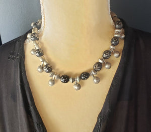 Antique Yemen Silver Black Coral Beads with Dangle bells Necklace circa 1930s