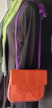 Load image into Gallery viewer, Vintage Berber leather bag, Morocco, cactus silk? orange purple embroidery, handmade, Boho, Vintage Leather Bag travel bag,Messenger Bag
