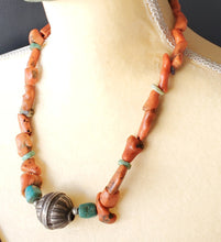 Load image into Gallery viewer, Antique Berber Orange Red Coral Amazonite Silver Pendant necklace,African Trade,Ethnic Tribal Jewelry,Berber Necklace
