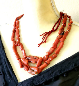 Antique Berber Natural Branch tow strand Red Coral Beads Morocco 225 gr,Hand Crafted ,Red Coral Necklace,Ethnic Coral ,Tribal Jewelry