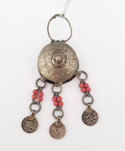 antique Moroccan silver chased circular talisman box three pendants, Berber Amulet,Berber Jewelry,African Jewelry,Charm Pendant,