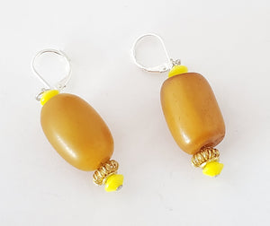 Old African Amber Ethiopian Earrings with Sterling Silver, Ethnic Tribal, Vintage Trade ,Bead Jewelry, Dangle Earrings