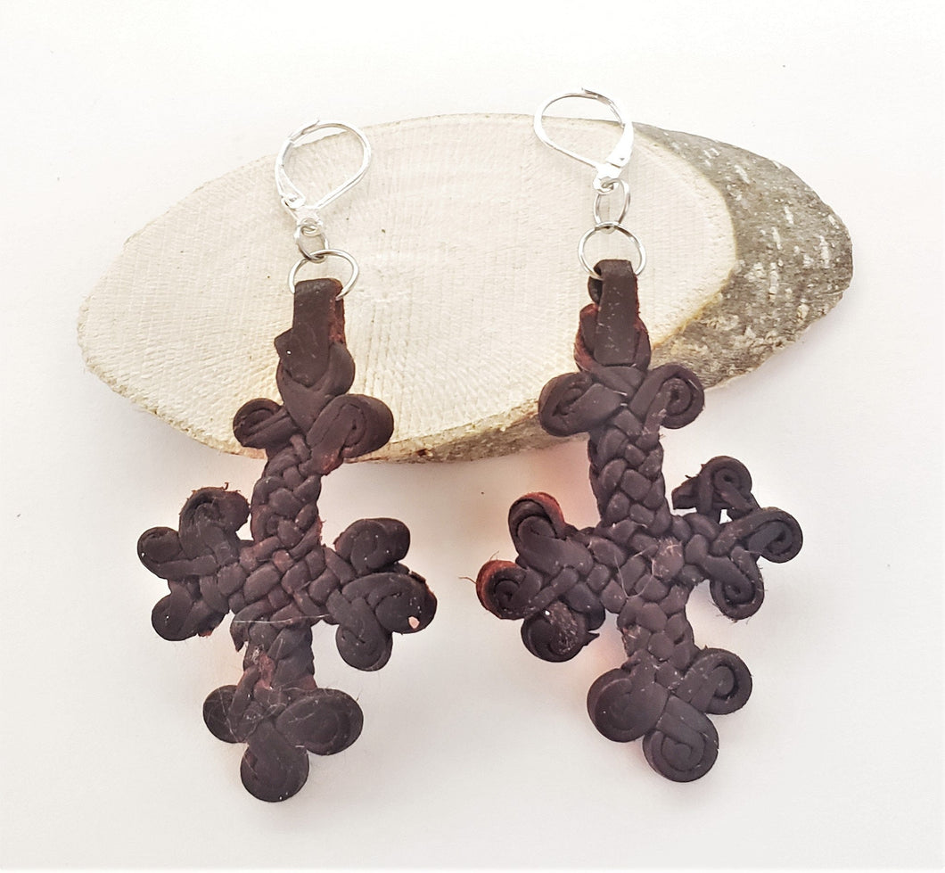 Ethiopian Leather Coptic Cross Amulet Earrings , Christian Jewelry, braided leather, Earrings cross,leather Jewelry,Cross Earrings