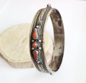 Moroccan red coral Bangle silver Bracelet 925 silver, ethnic tribal jewelry,tribal Moroccan bracelets, ethnic jewelry