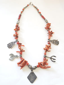 Antique Moroccan Berber natural Coral Hand of Fatima Silver Pendants Necklace