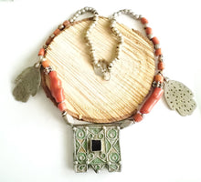 Load image into Gallery viewer, Antique Moroccan Berber natural red Coral Hand of Fatima Silver Pendants Necklace ,Berber Necklaces,Ethnic Jewelry,Tribal Jewelry
