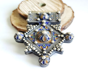 Moroccan Huge Enamel Silver Cross Pendant,silver 925,Moroccan Amulet ,Cross Jewelry,Enamel Jewelry,Berber Pendant,