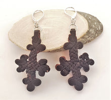 Load image into Gallery viewer, Ethiopian Leather Coptic Cross Amulet Earrings , Christian Jewelry, braided leather, Earrings cross,leather Jewelry,Cross Earrings
