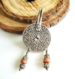 Vintage Berber enamel coral Coin Pendant high silver from Morocco ,1953s Silver Coin , enamel Jewelry ,Islam Jewelry, tribal jewelry