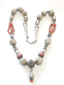 Antique Yemen Bawsani Filigree coral and silver Necklace circa 1910s,Hand Crafted Silver,Pendants Necklace,Ethnic Jewelry,Tribal Jewelry