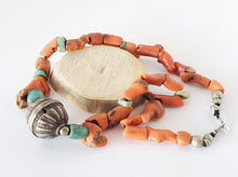 Load image into Gallery viewer, Antique Berber Orange Red Coral Amazonite Silver Pendant necklace,African Trade,Ethnic Tribal Jewelry,Berber Necklace
