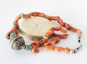 Antique Berber Orange Red Coral Amazonite Silver Pendant necklace,African Trade,Ethnic Tribal Jewelry,Berber Necklace