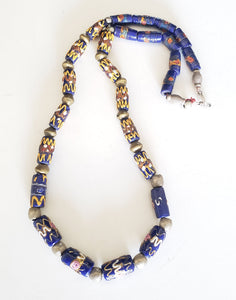 African 24'' Old European Wedding Cake Venetian Blue beads Necklace