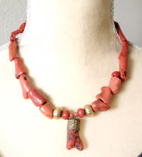 Load image into Gallery viewer, Antique Berber Natural Coral Beads Necklace 22 K Gold over Wax Beads,Branch Red Coral,Mediterranean coral,Genuine coral,Ethnic Coral jewelry

