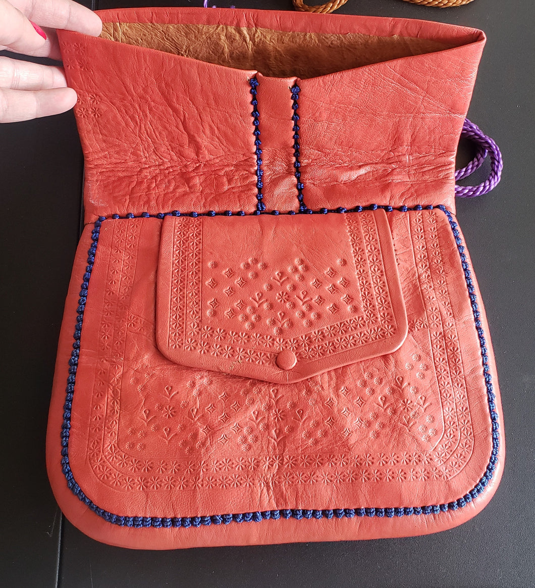 Vintage Berber leather bag, Morocco, cactus silk? orange purple embroidery, handmade, Boho, Vintage Leather Bag travel bag,Messenger Bag