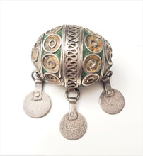 Load image into Gallery viewer, Antique Moroccan Enameled Silver Ball Pendent with Coin PendantHand Crafted Silver,Pendants Necklace,Ethnic Jewelry,Tribal Jewelry
