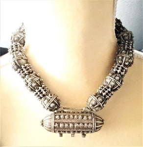 Old silver star burst granulation hallmarked Hirz beads Necklace from Yemen circa 1930s,Bedouin tribal ,Hand Crafted Silver,Ethnic Jewelry