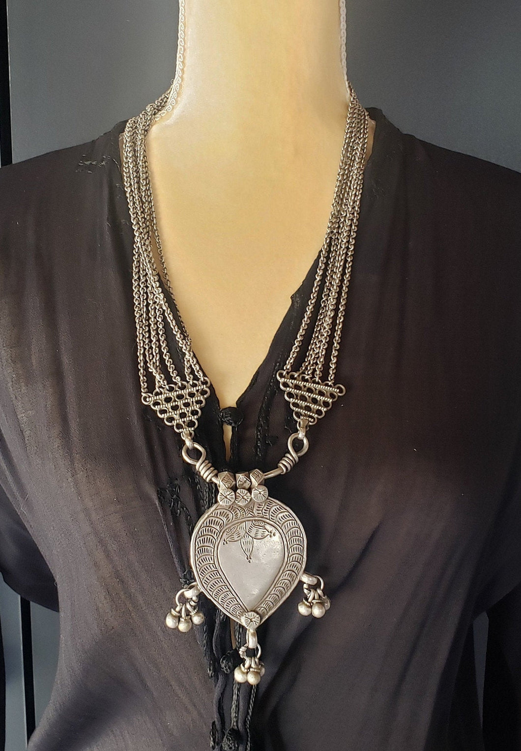 antique tribal old silver necklace Amulet heart Pendant from Rajasthan 1930s BFF heart Pendant,valentine Necklace