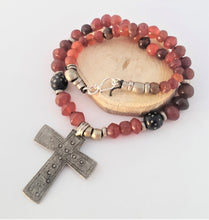 Load image into Gallery viewer, Ethiopian Antique Cornelian Black Coral beads Coptic Christian Cross Necklace ,Hand Crafted,Ethiopian Cross,Silver Cross,Cornelian Necklace
