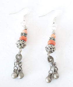 Antique yemen silver Earrings with old coral silver ,dangling Earrings,,Antique silver, yemeni jewelry, Ethiopia silver,Bawsani Earrings