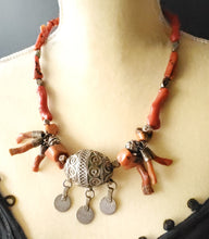 Load image into Gallery viewer, Antique Moroccan Red Coral Silver Enameled Ball Pendent with Coin necklace ,Berber Necklaces,Ethnic Jewelry,Tribal Jewelry
