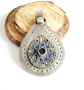 Antique Moroccan Silver Enamel and Glass cabochon Berber Pendant, Berber Amulet,Berber Jewelry,African Jewelry,Charm Pendant,