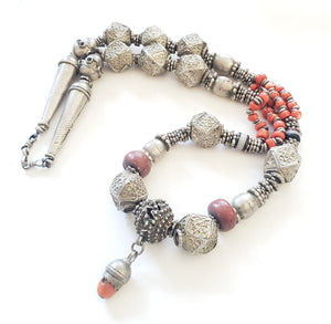 Antique Yemen Bawsani Filigree coral and silver Necklace circa 1910s,Hand Crafted Silver,Pendants Necklace,Ethnic Jewelry,Tribal Jewelry