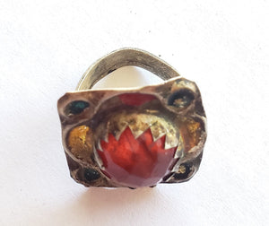 Vintage Moroccan Hand Made old glass Enameled silver Berber Ring size 8,Ethnic Rings ,Tribal Jewelry, Moroccan Rings, Berber Jewelry