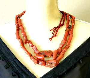Antique Berber Natural Branch tow strand Red Coral Beads Morocco 225 gr,Hand Crafted ,Red Coral Necklace,Ethnic Coral ,Tribal Jewelry